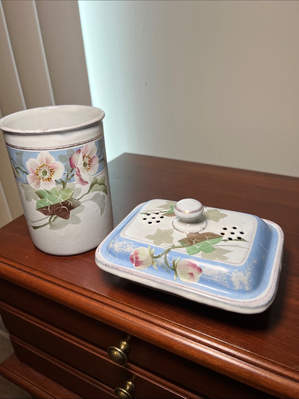 Antique French Enamelware Handpainted Signed Soap Dish & Bathroom Cup 1920s